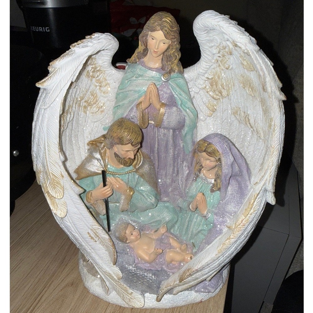 Nativity Scene Holy Family Angel Wings Figurine Glitter Religious Decor